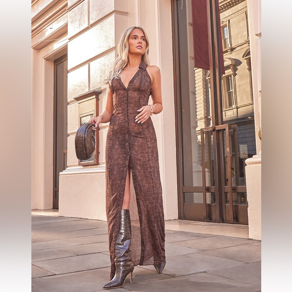 PrettyLittleThing Brown Textured Halter Maxi Dress with Front Slit